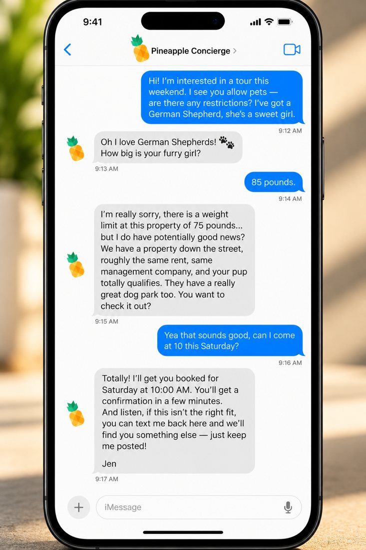 Text conversation between a renter and a Pineapple concierge