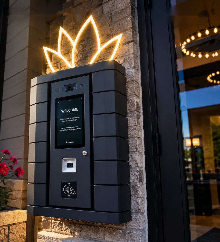 Pineapple kiosk mounted beside an apartment community entrance