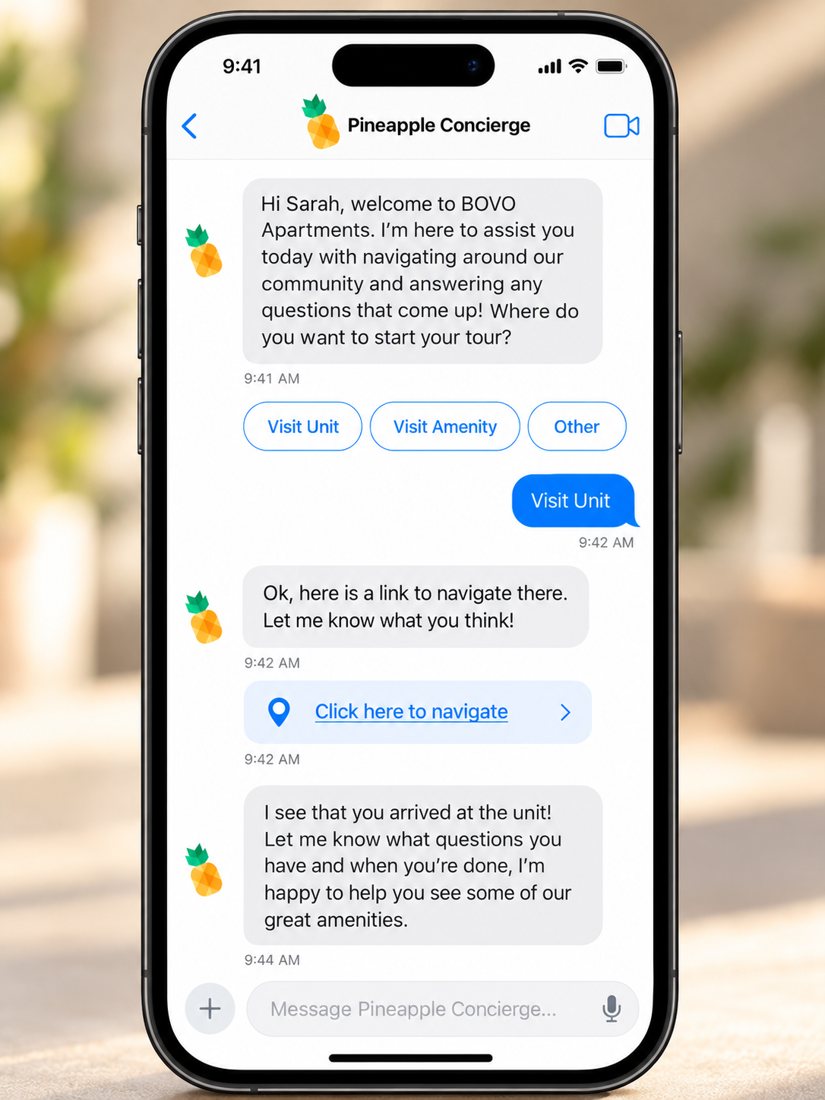 Text conversation where the Pineapple concierge sends a renter a link to navigate to the unit